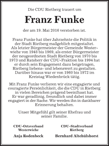 Traueranzeige von Franz Funke von Die Glocke