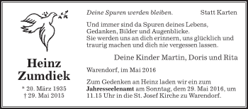 Traueranzeige von Heinz Zumdiek von Die Glocke