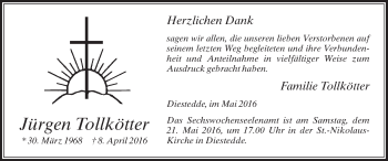 Traueranzeige von Jürgen Tollkötter von Die Glocke