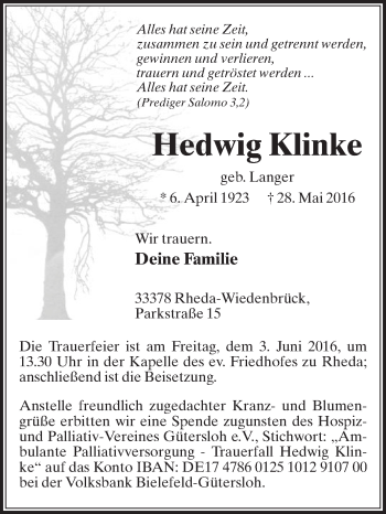 Traueranzeige von Hedwig Klinke von Die Glocke