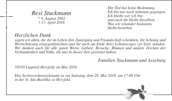 Traueranzeige von Resi Stuckmann von Die Glocke