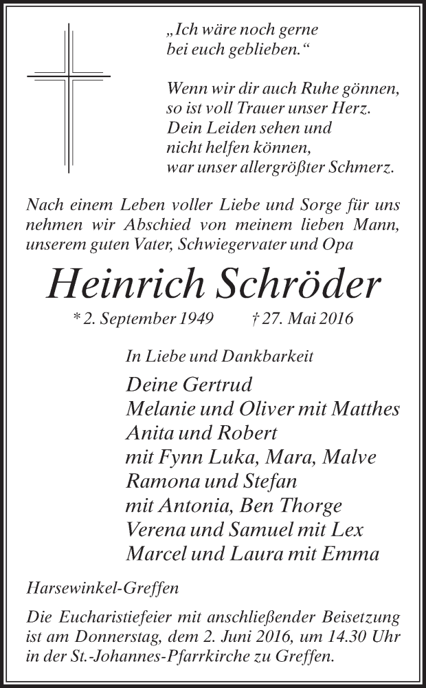  Traueranzeige für Heinrich Schröder vom 30.05.2016 aus Die Glocke