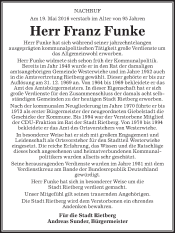 Traueranzeige von Franz Funke von Die Glocke