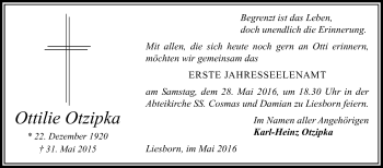 Traueranzeige von Ottilie Otzipka von Die Glocke