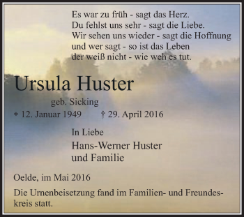 Traueranzeige von Ursula Huster von Die Glocke