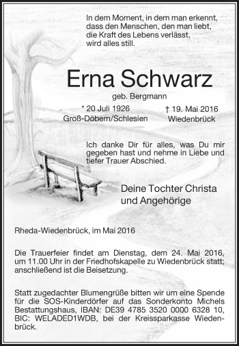 Traueranzeige von Erna Schwarz von Die Glocke