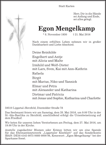 Traueranzeige von Egon Mengelkamp von Die Glocke