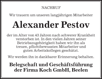 Traueranzeige von Alexander Pestov von Die Glocke