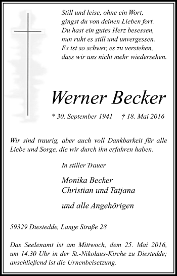 Traueranzeige von Werner Becker von Die Glocke
