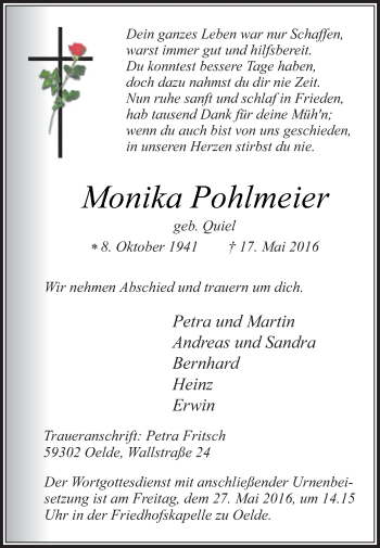 Traueranzeige von Monika Pohlmeier von Die Glocke