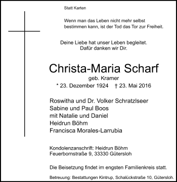 Traueranzeige von Christa-Maria Scharf von Die Glocke