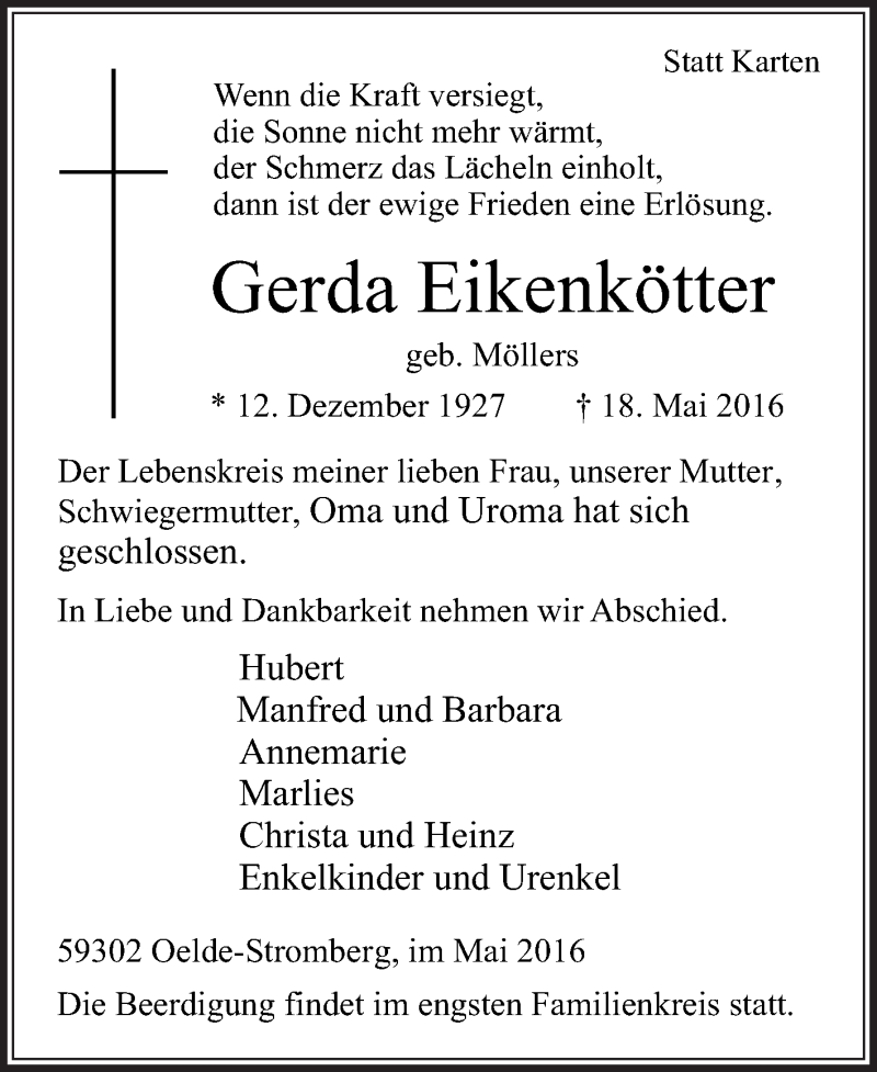  Traueranzeige für Gerda Eikenkötter vom 21.05.2016 aus Die Glocke
