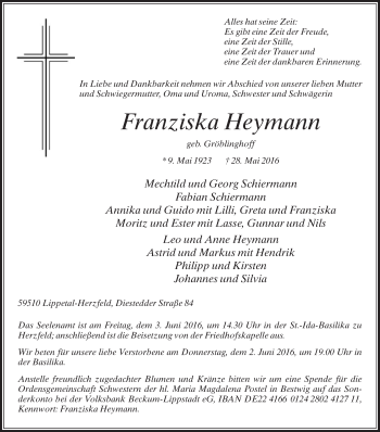 Traueranzeige von Franziska Heymann von Die Glocke