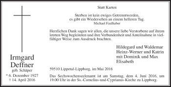 Traueranzeige von Irmgard Deffner von Die Glocke