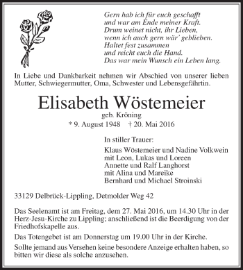 Traueranzeige von Elisabeth Wöstemeier von Die Glocke