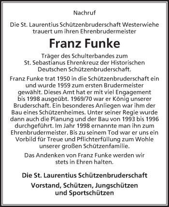 Traueranzeige von Franz Funke von Die Glocke