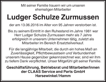 Traueranzeige von Ludger Schulze Zurmussen von Die Glocke