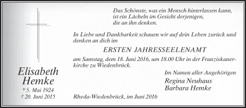 Traueranzeige von Elisabeth Hemke von Die Glocke