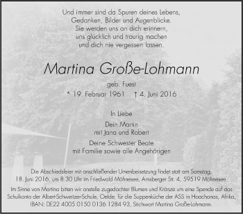 Traueranzeige von Martina Große-Lohmann von Die Glocke