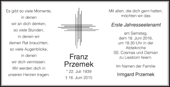Traueranzeige von Franz Przemek von Die Glocke
