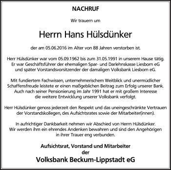 Traueranzeige von Hans Hülsdünker von Die Glocke