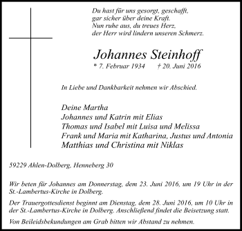 Traueranzeige von Johannes Steinhoff von Die Glocke
