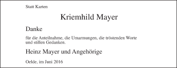 Traueranzeige von Kriemhild Mayer von Die Glocke