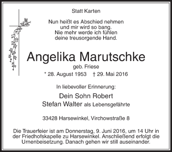 Traueranzeige von Angelika Marutschke von Die Glocke