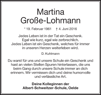 Traueranzeige von Martina Große-Lohmann von Die Glocke