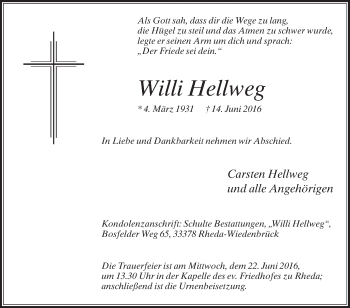 Traueranzeige von Willi Hellweg von Die Glocke