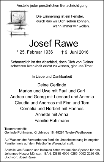 Traueranzeige von Josef Rawe von Die Glocke