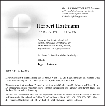 Traueranzeige von Herbert Hartmann von Die Glocke