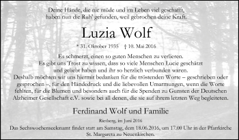 Traueranzeige von Luzia Wolf von Die Glocke