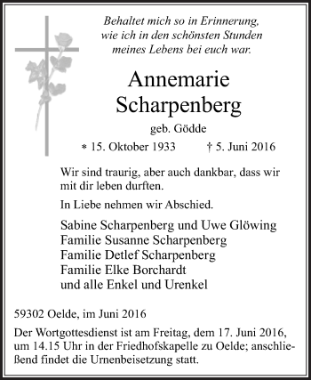 Traueranzeige von Annemarie Scharpenberg von Die Glocke