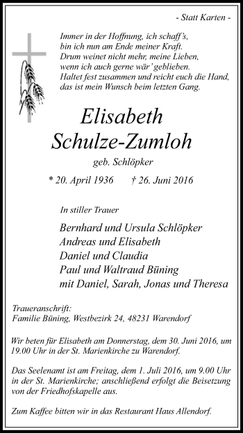 Traueranzeige von Elisabeth Schulze-Zumloh von Die Glocke