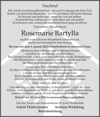 Traueranzeige von Rosi Bartylla von Die Glocke