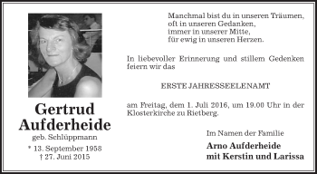 Traueranzeige von Gertrud Aufderheide von Die Glocke