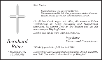 Traueranzeige von Bernhard Bitter von Die Glocke