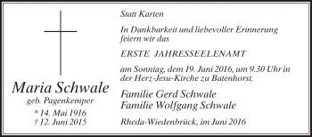 Traueranzeige von Maria Schwale von Die Glocke