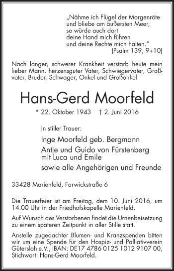 Traueranzeige von Hans-Gerd Moorfeld von Die Glocke