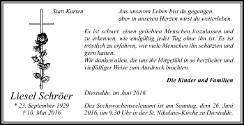 Traueranzeige von Liesel Schröer von Die Glocke