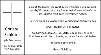 Traueranzeige von Christel Schlüter von Die Glocke