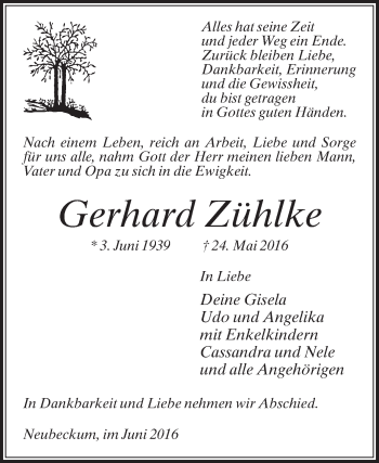 Traueranzeige von Gerhard Zühlke von Die Glocke