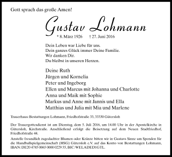 Traueranzeige von Gustav Lohmann von Die Glocke