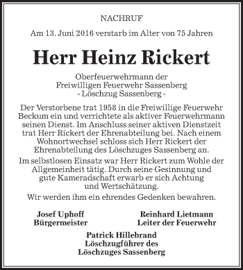 Traueranzeige von Heinz Rickert von Die Glocke