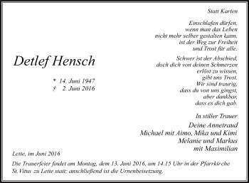 Traueranzeige von Detlef Hensch von Die Glocke