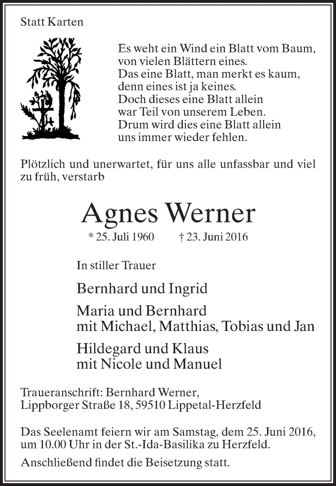  Traueranzeige für Agnes Werner vom 24.06.2016 aus Die Glocke