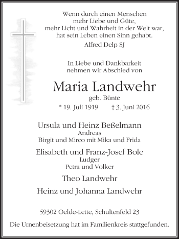 Traueranzeige von Maria Landwehr von Die Glocke