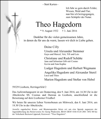 Traueranzeige von Theo Hagedorn von Die Glocke