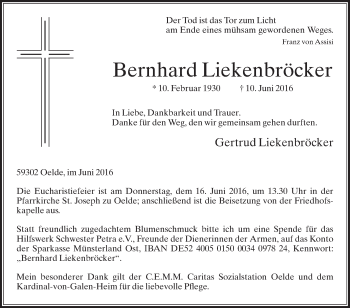 Traueranzeige von Bernhard Liekenbröcker von Die Glocke